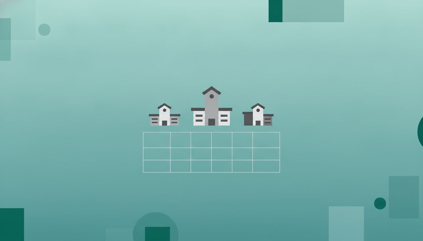 Abstract geometric illustration of three school silhouettes forming a comparison table