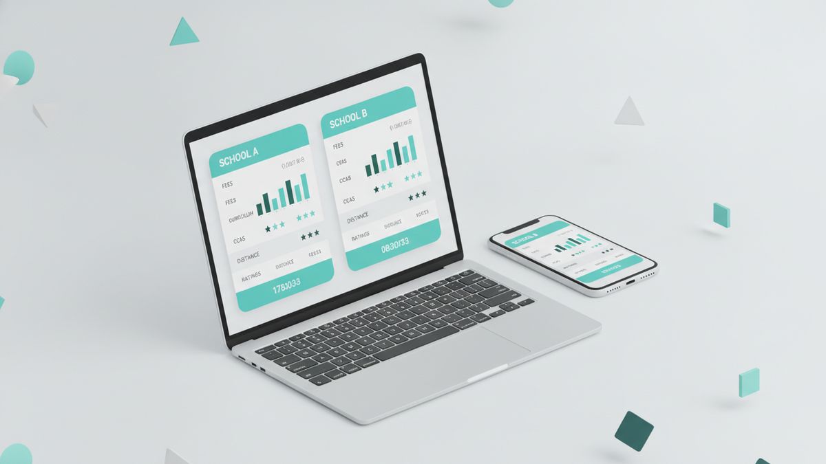 Side-by-side school comparison tool interface on laptop and phone