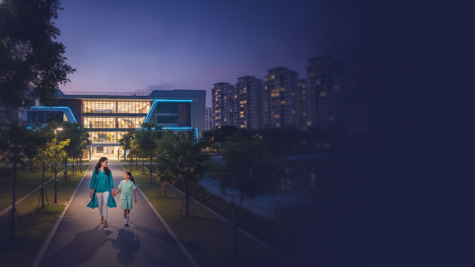 Singapore parent and child walking toward a modern school campus